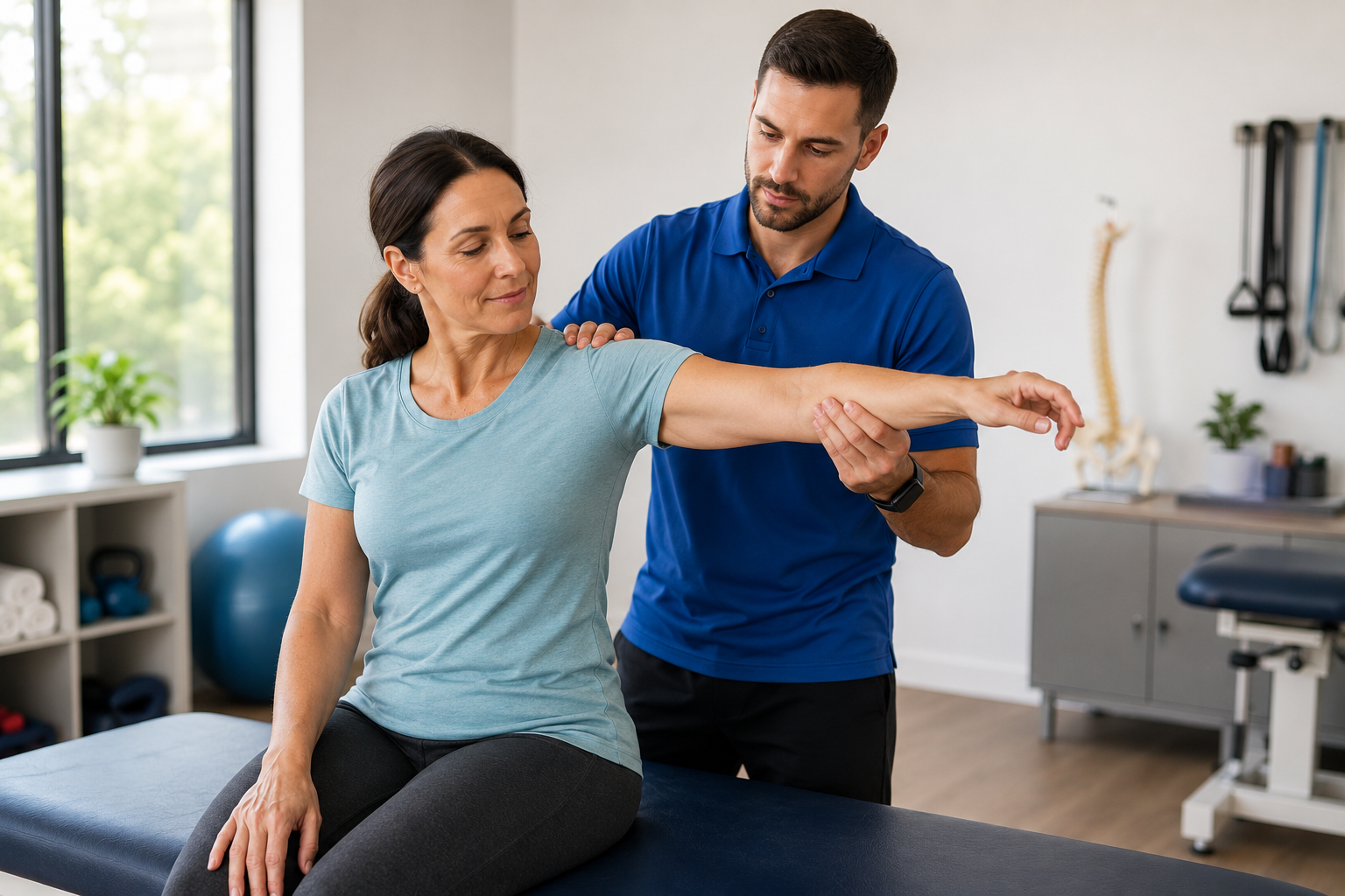 Physical therapist guiding a patient through therapeutic shoulder exercises for chronic pain relief in a modern rehabilitation clinic