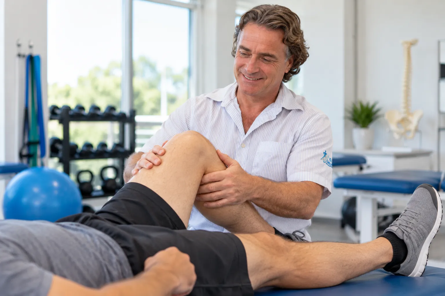 Rob doing physical therapy on patient who is lying on a treatment table
