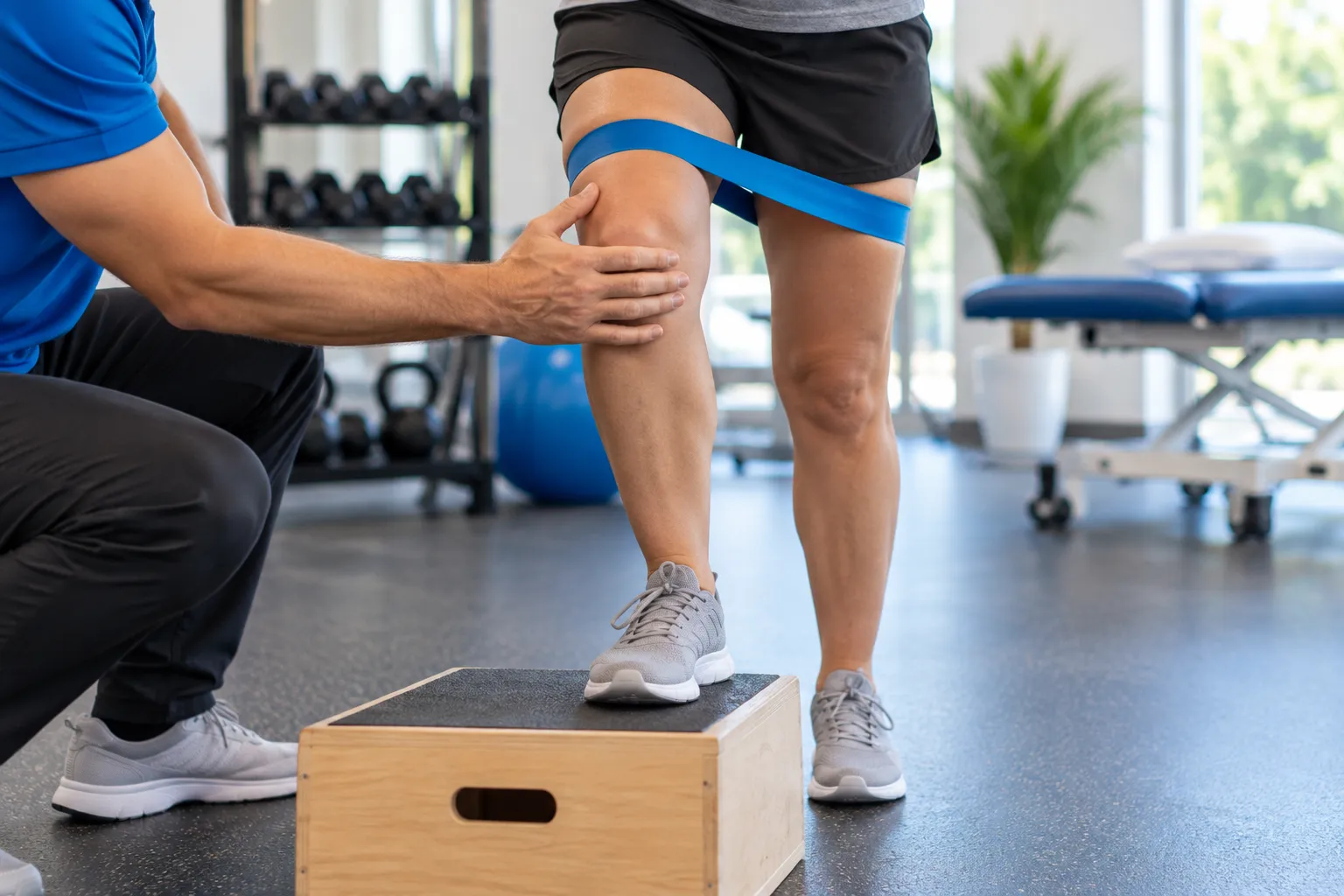 Patient doing a step-up exercise with a physical therapist guiding knee alignment